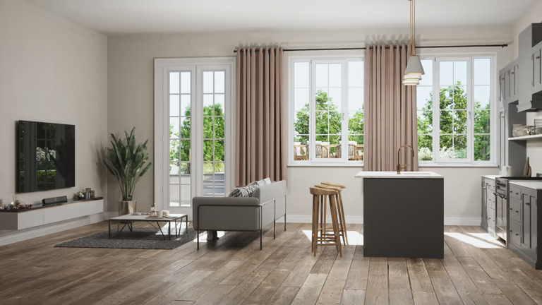 Side View Of Open Plan Kitchen With Living Room And Garden View From The Window Windows and Doors Company in Toronto